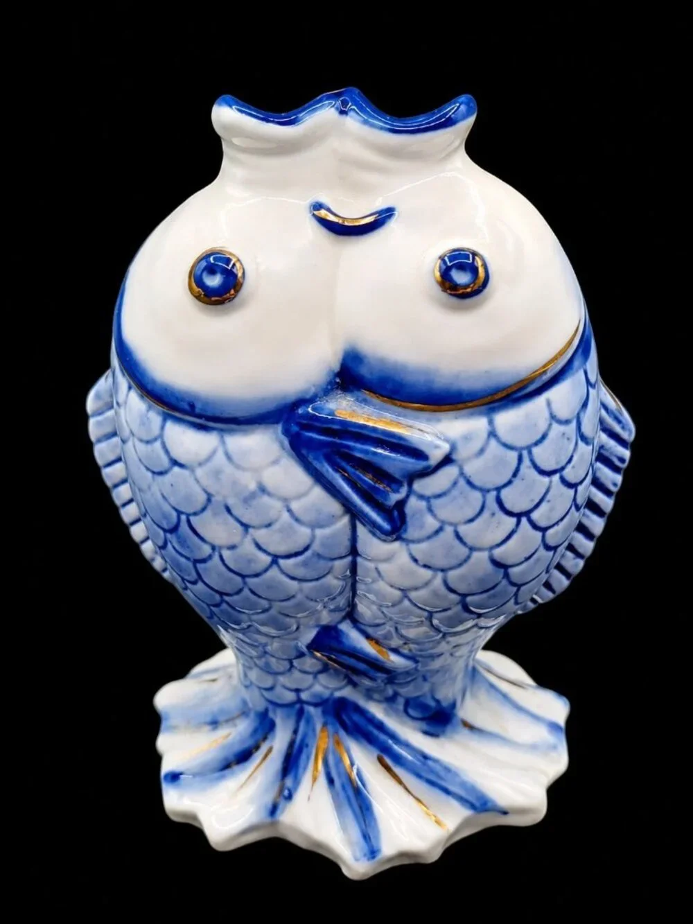 Mid-Century Modern Kissing Chinese Koi Fish Vase Figurine Blue White Porcelain
